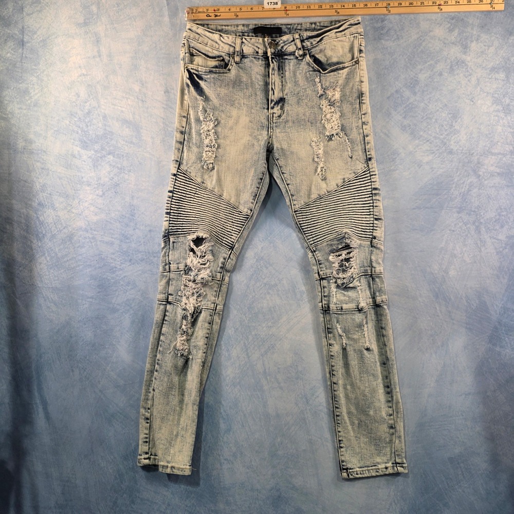 Forever‎ 21 Men Biker Jeans Light Acid Wash Distressed Moto Denim 32 Distressed